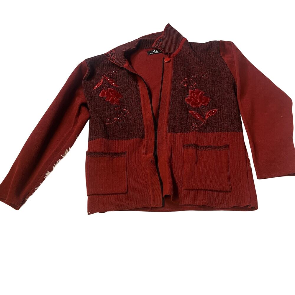 H.L. Hualinyangmaoshan Women Cardigan Sweater Sequined Embroidered Red Large